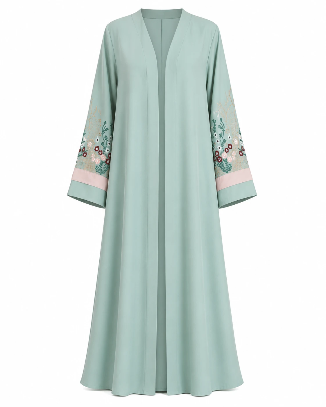 Mint Green Open Abaya with Floral Embroidered Sleeves