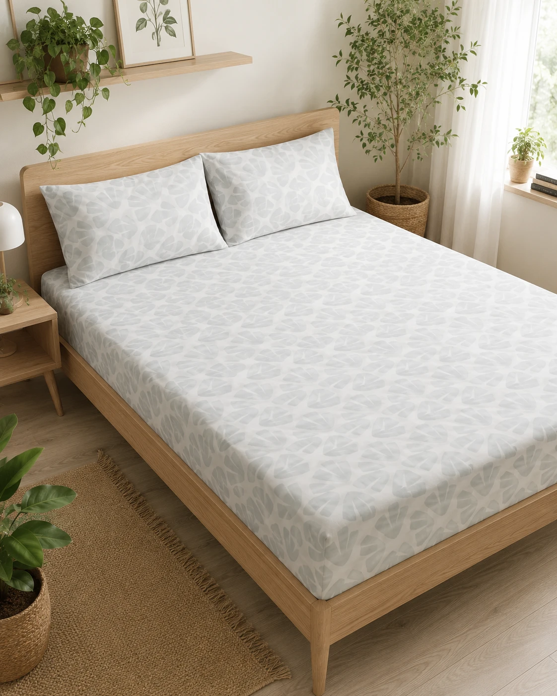 Grey Abstract Leaf Print Bedsheet Set with Pillow Covers