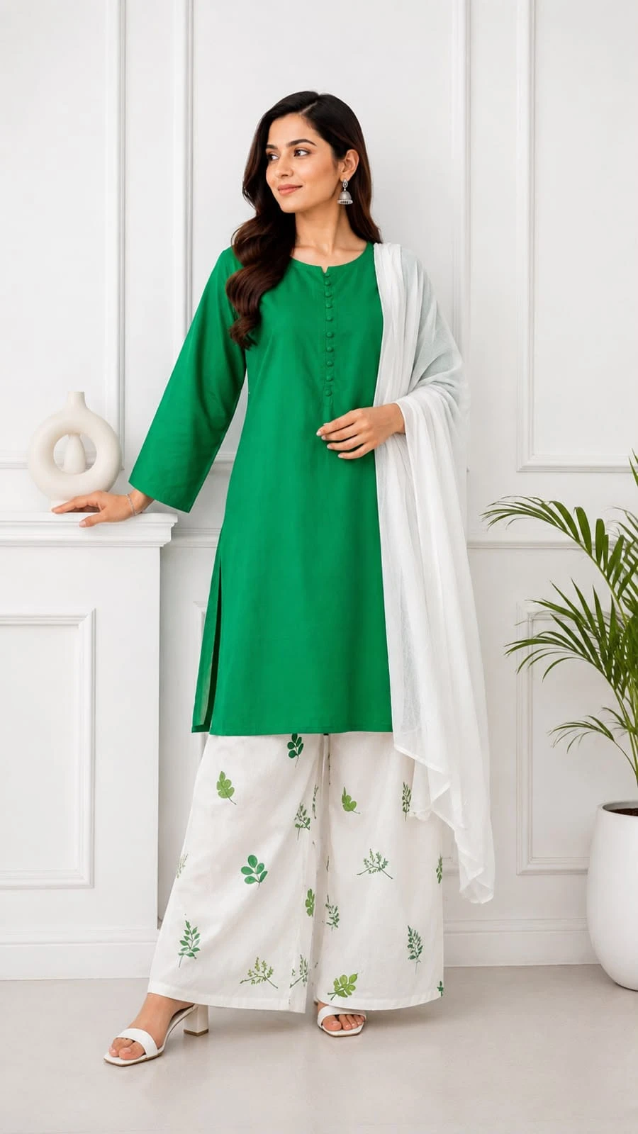 Emerald Green Kurta with Printed Palazzo & Dupatta