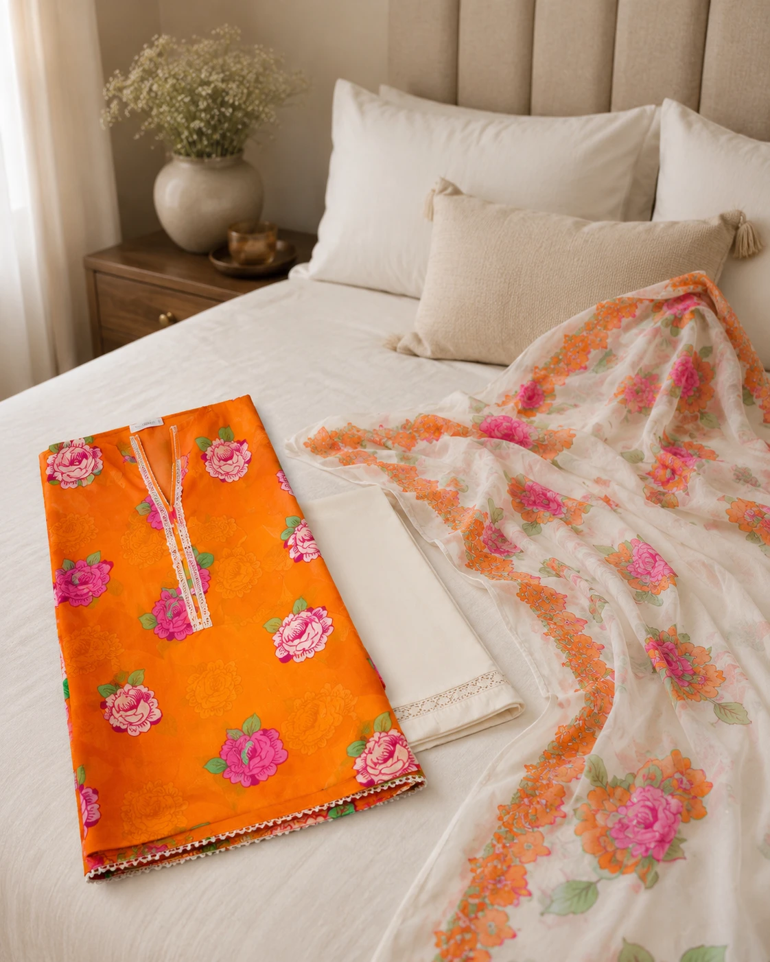 Khulda Orange Floral 3-Piece Suit with Dupatta