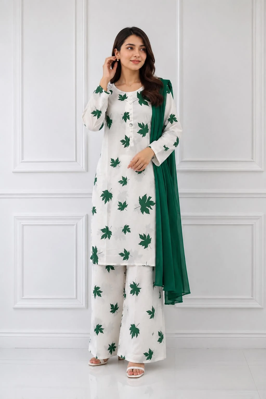 Green Leaf Print Kurta Set for 14 August