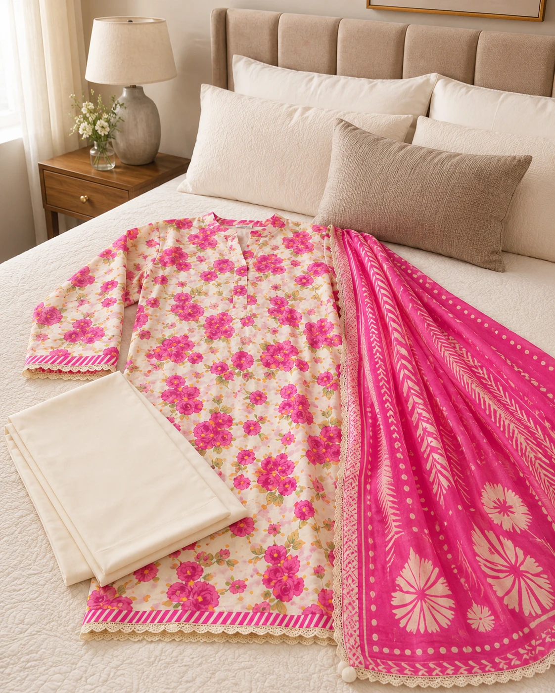 Khulda Cream Pink Floral 3-Piece Suit with Printed Dupatta