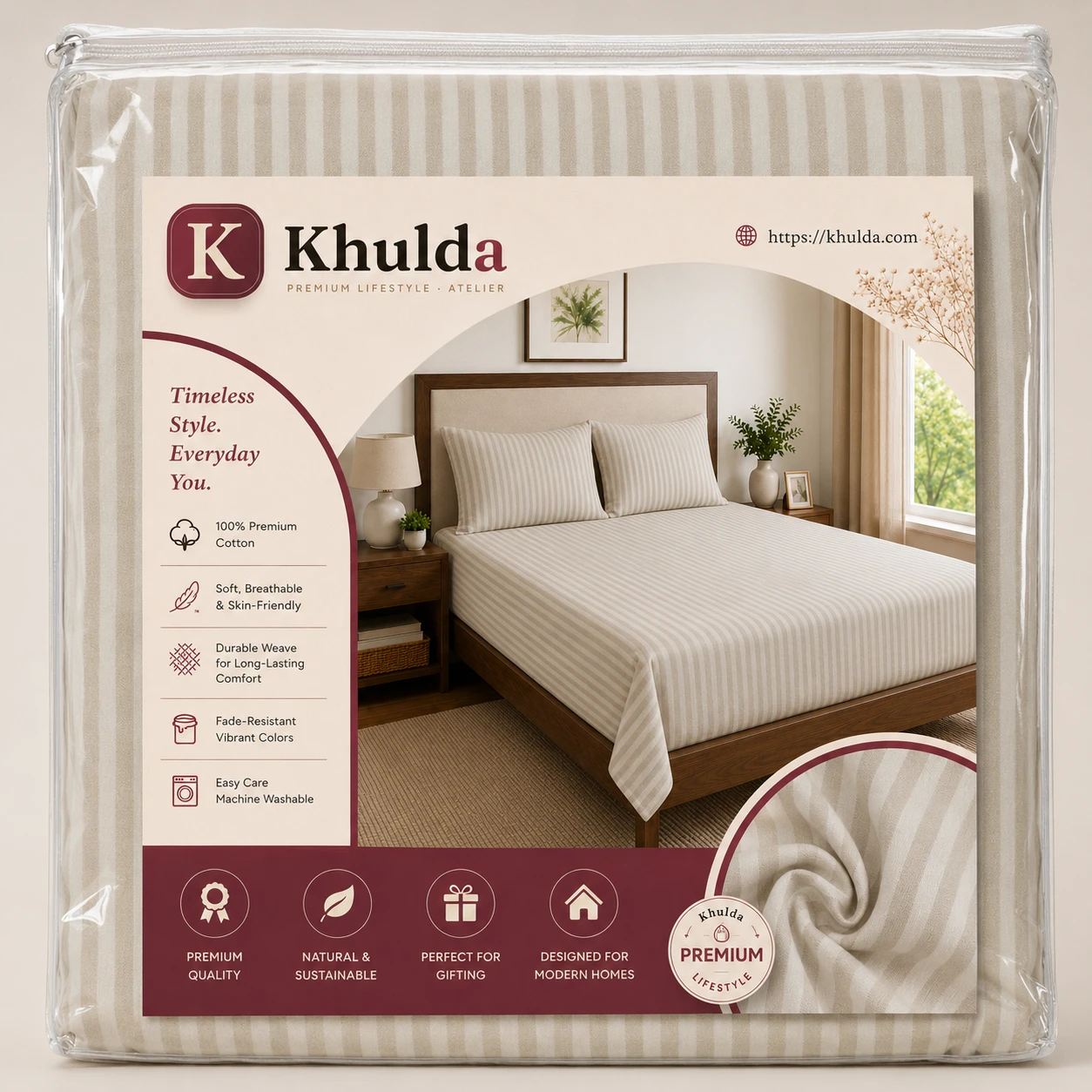 Beige Striped Bedsheet Set with Pillow Covers