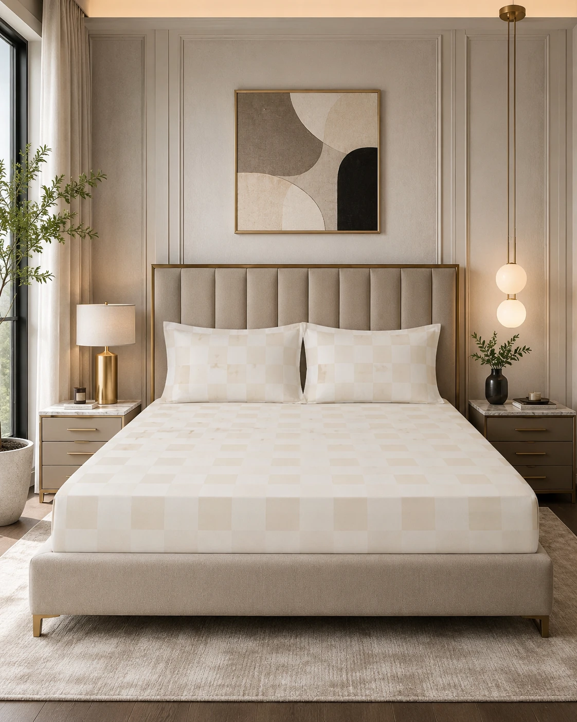 Beige Checkered Bedsheet Set with Pillow Covers
