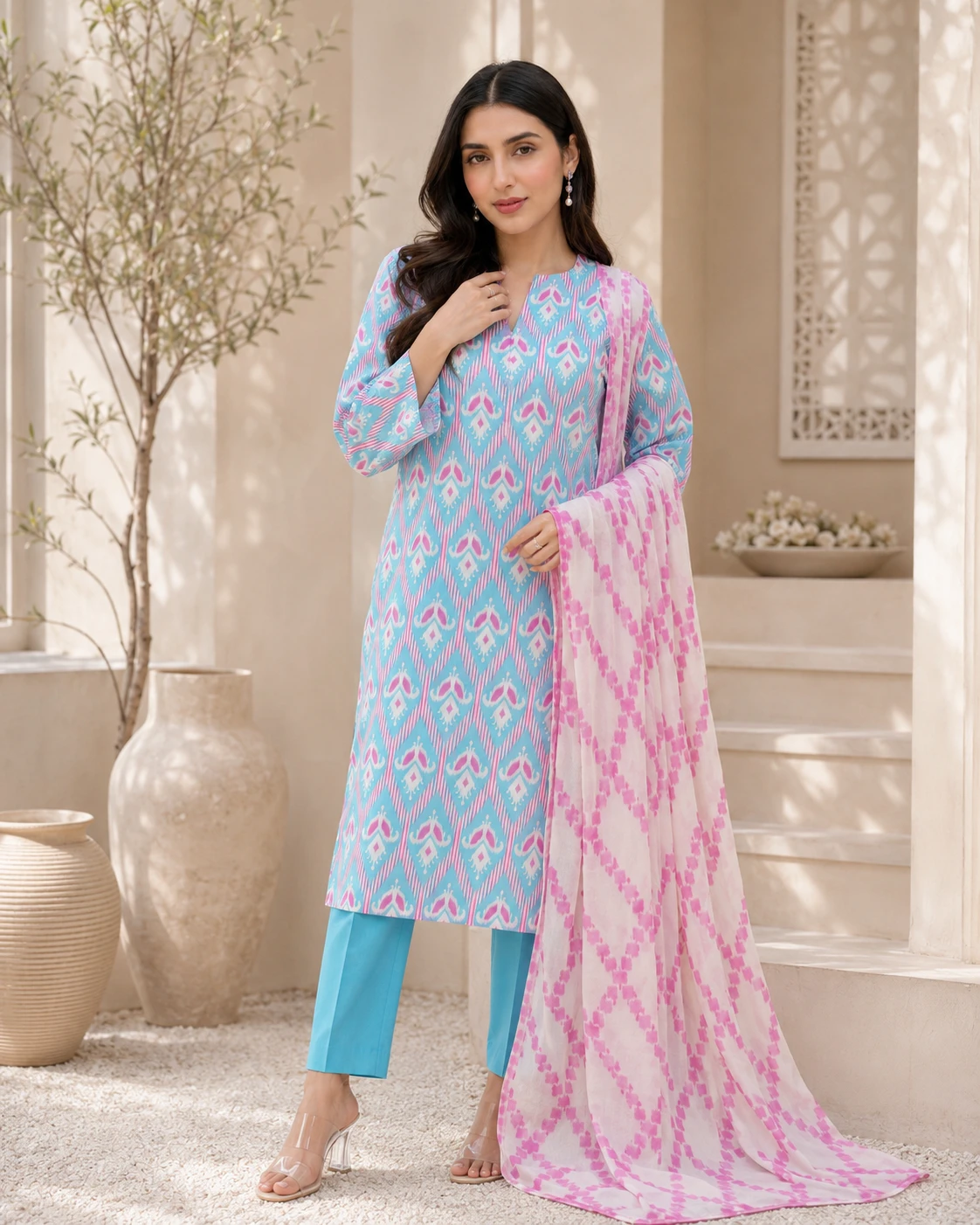 Khulda Sky Blue & Pink Printed 3 Piece Suit