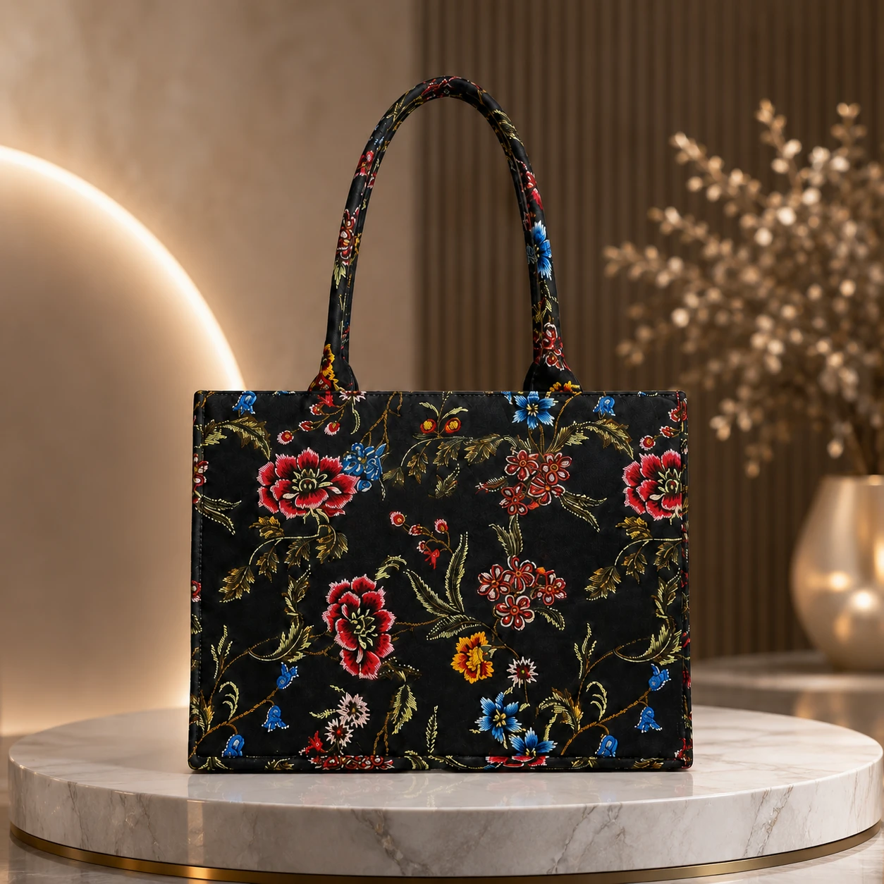 Black Floral Printed Tote Handbag for Women