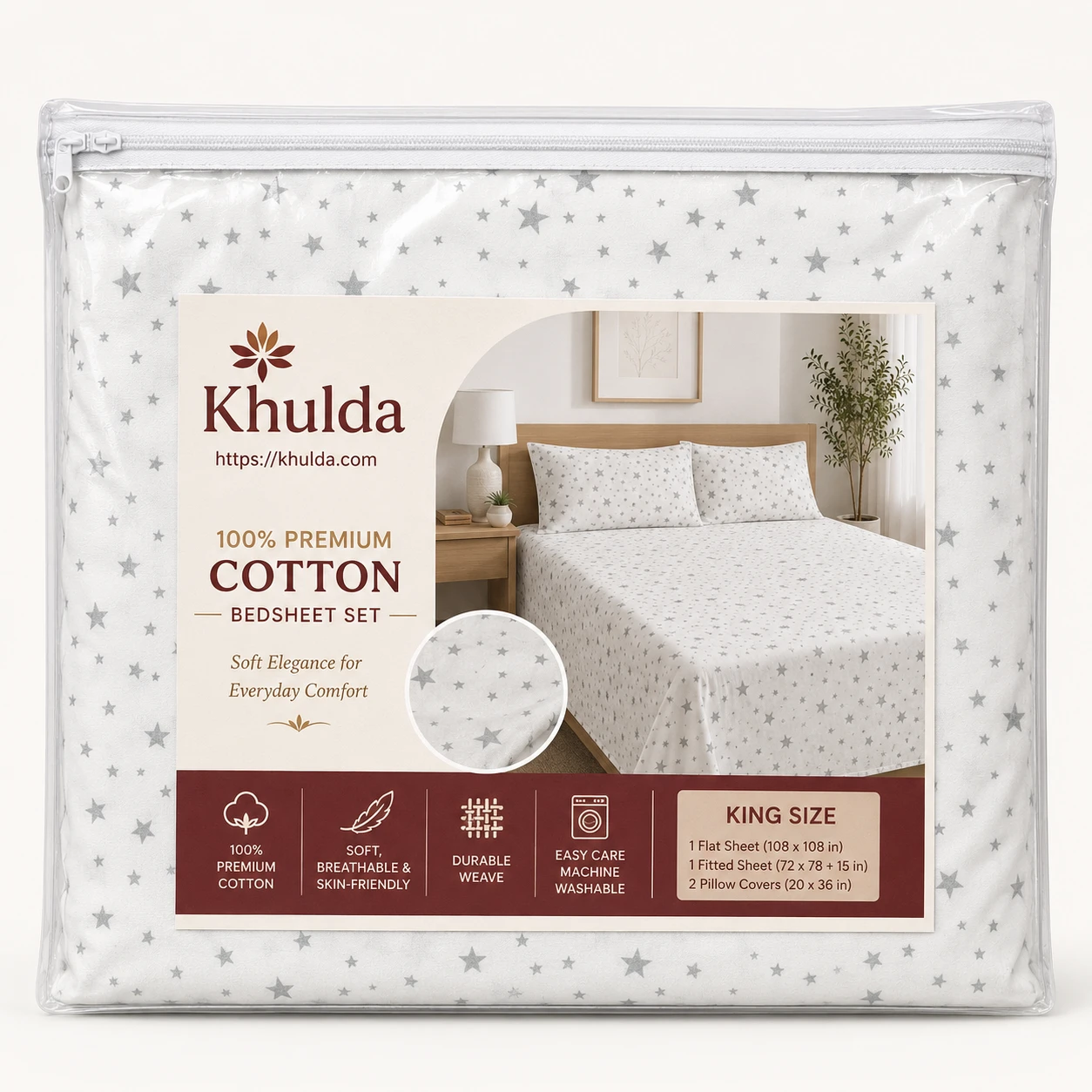 Grey Star Printed Bedsheet Set with Pillow Covers