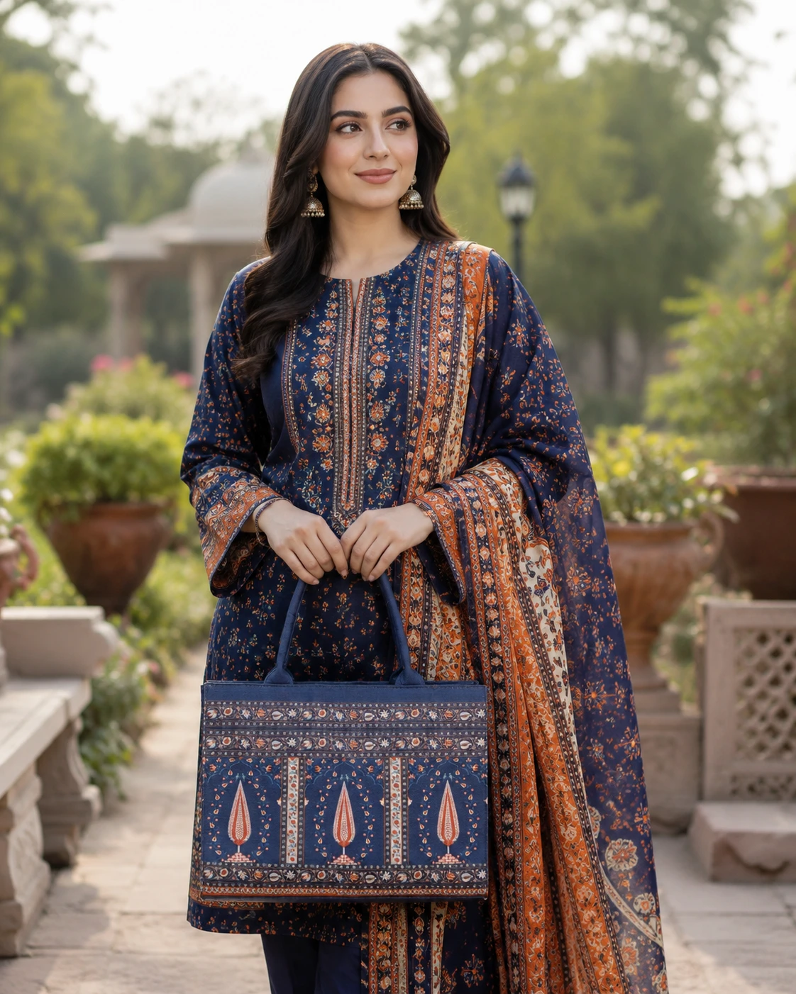 Navy Blue Ethnic Printed Tote Handbag for Women