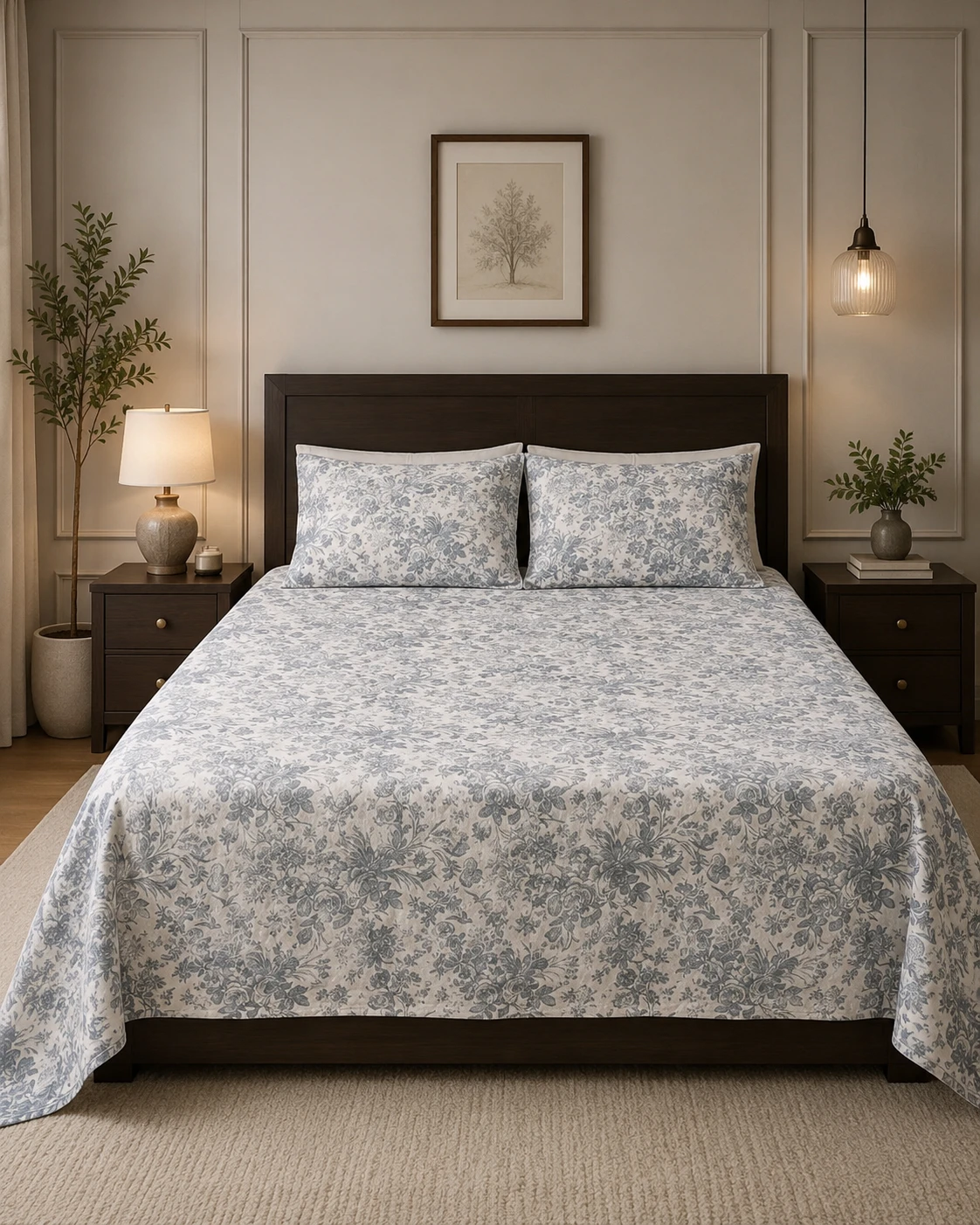Elegant Grey Floral Printed Bedsheet Set