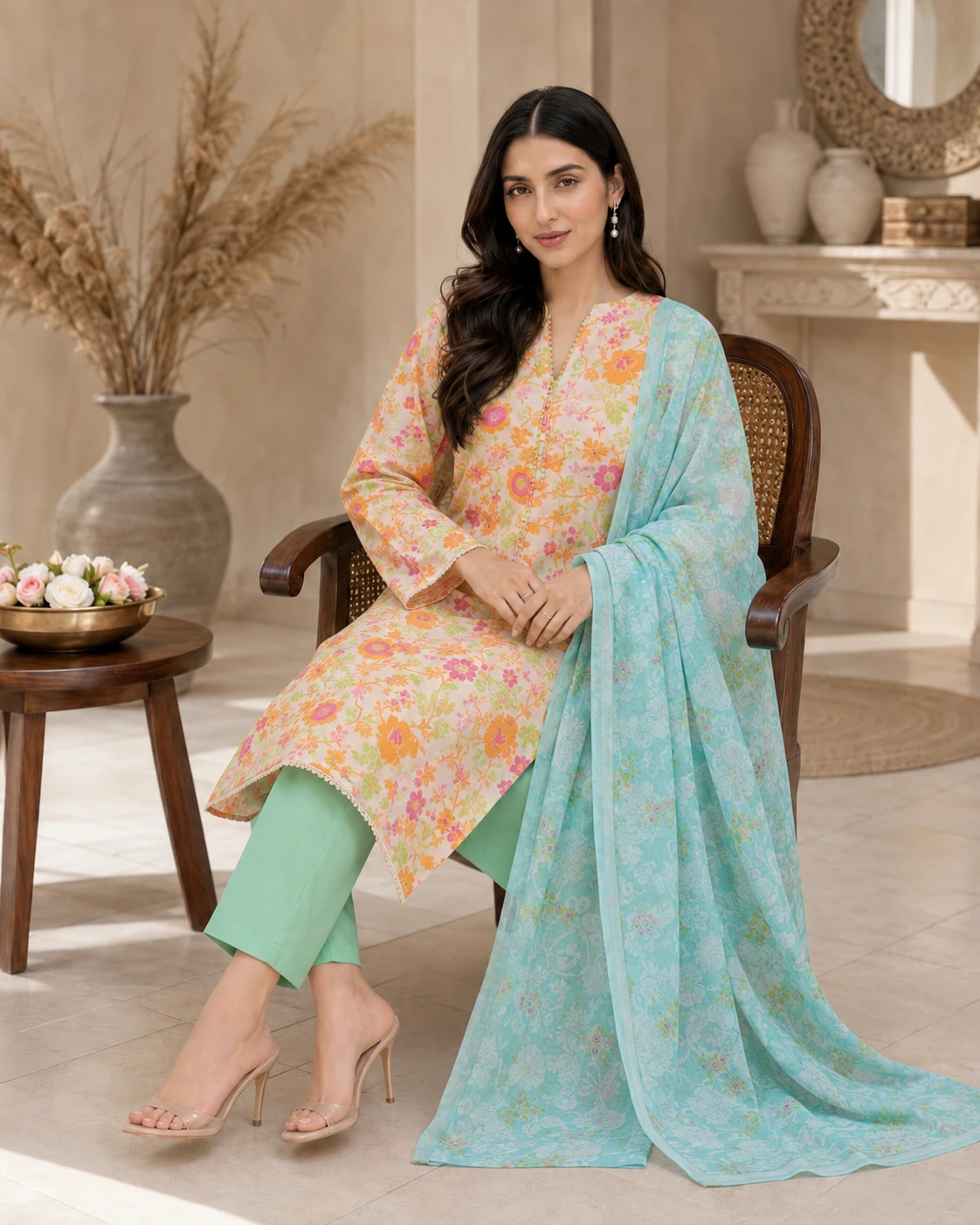 Pastel Floral Lawn 3 Piece Unstitched Suit with Aqua Blue Dupatta | Elegant Summer Collection