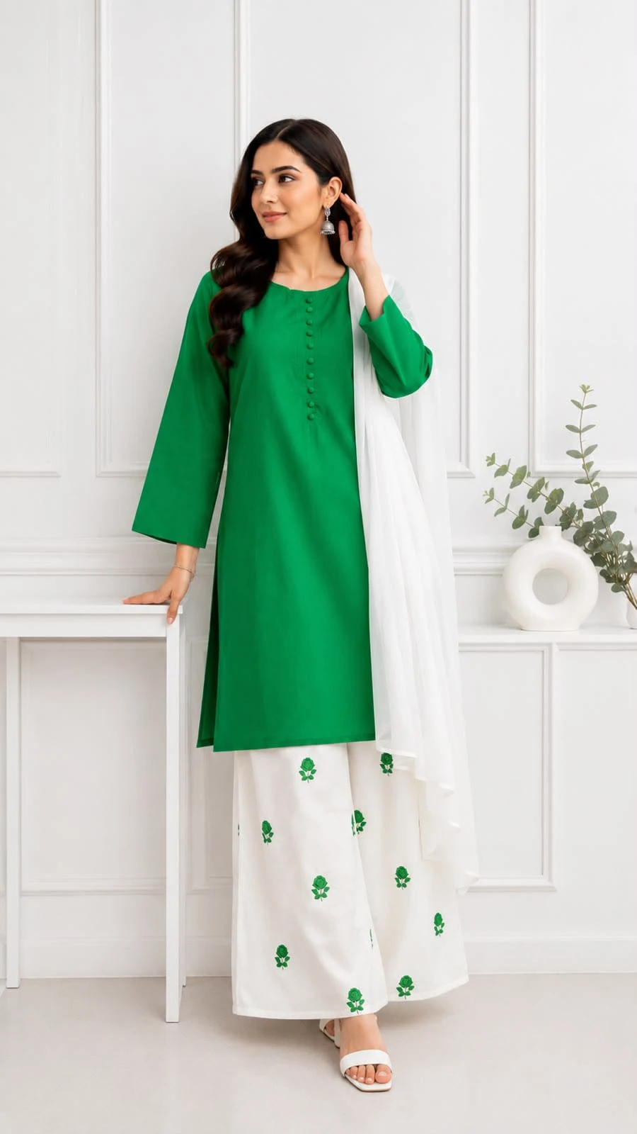 14 August Pakistan Independence Day Green & White 3 Piece Lawn Suit with Printed Palazzo & Dupatta