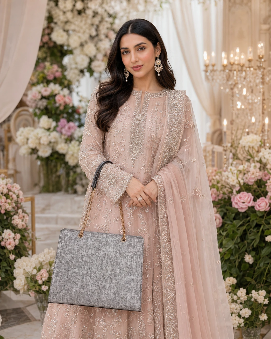 Silver Embellished Handbag with Gold Chain Strap