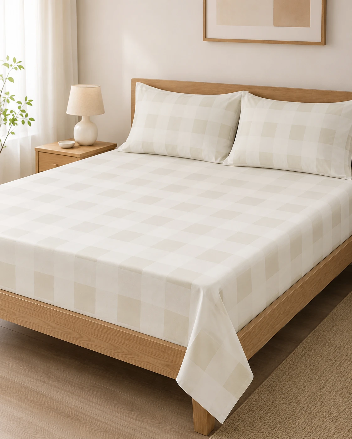 Beige Checkered Bedsheet Set with Pillow Covers