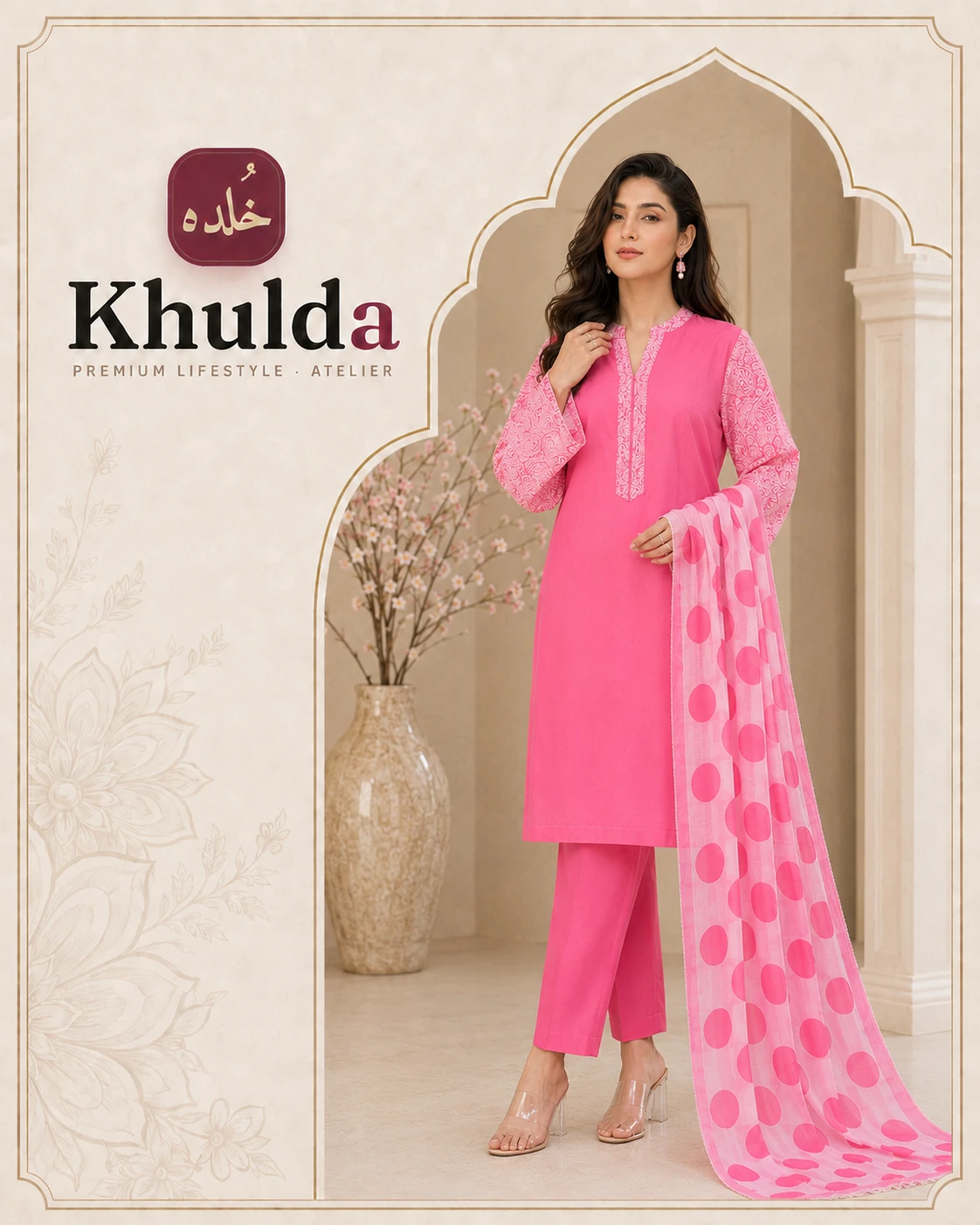 Khulda Pink 3 Piece Suit with Printed Dupatta | Premium Lifestyle