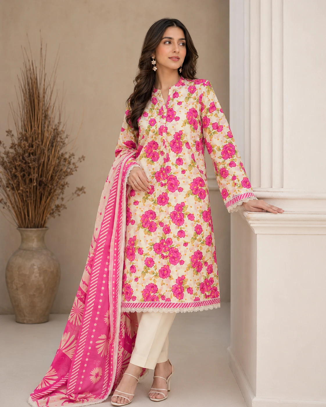 Khulda Cream Pink Floral 3-Piece Suit with Printed Dupatta