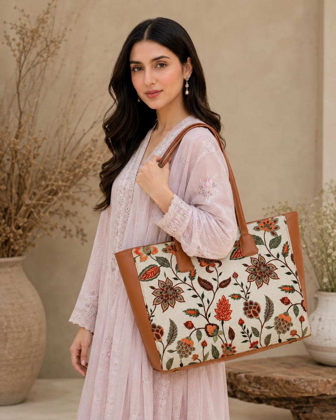 Floral Print Tote Handbag with Brown Leather Straps