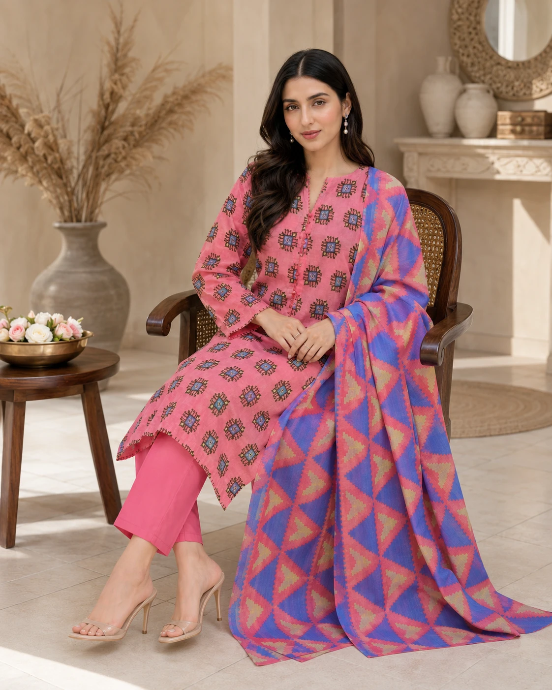 Khulda Pink Printed 3-Piece Suit with Geometric Dupatta
