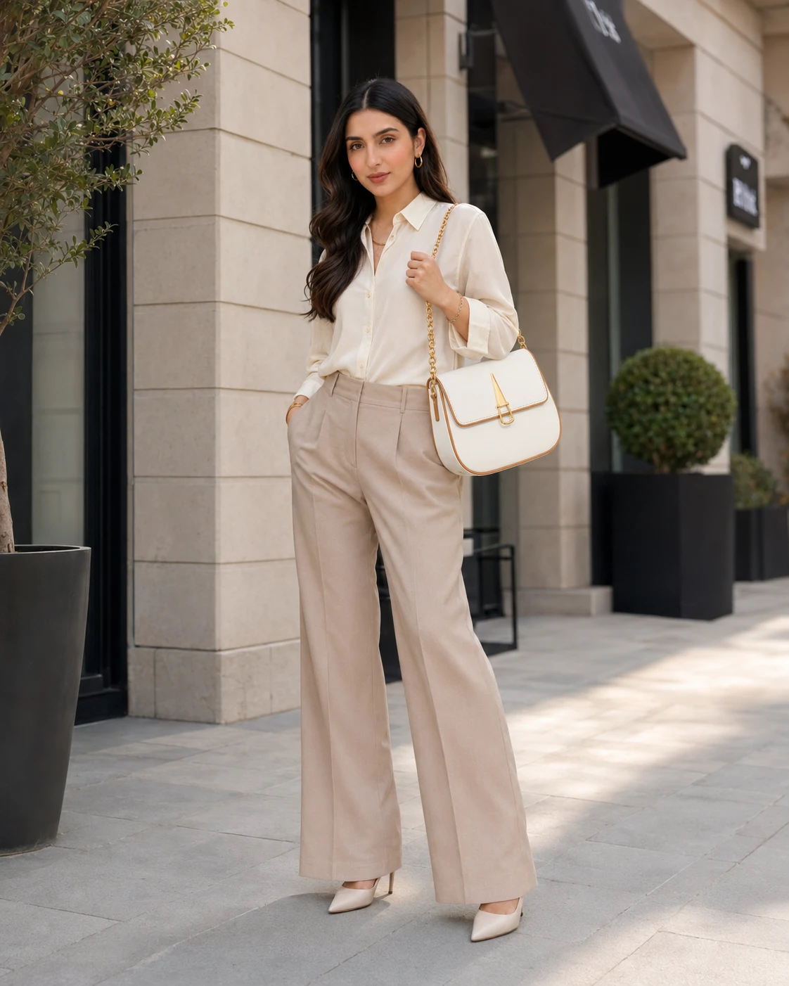 Elegant White Shoulder Handbag with Gold Chain Strap