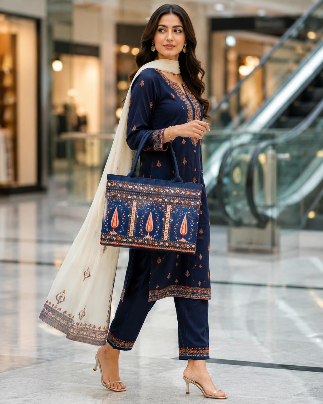 Navy Blue Ethnic Printed Tote Handbag for Women