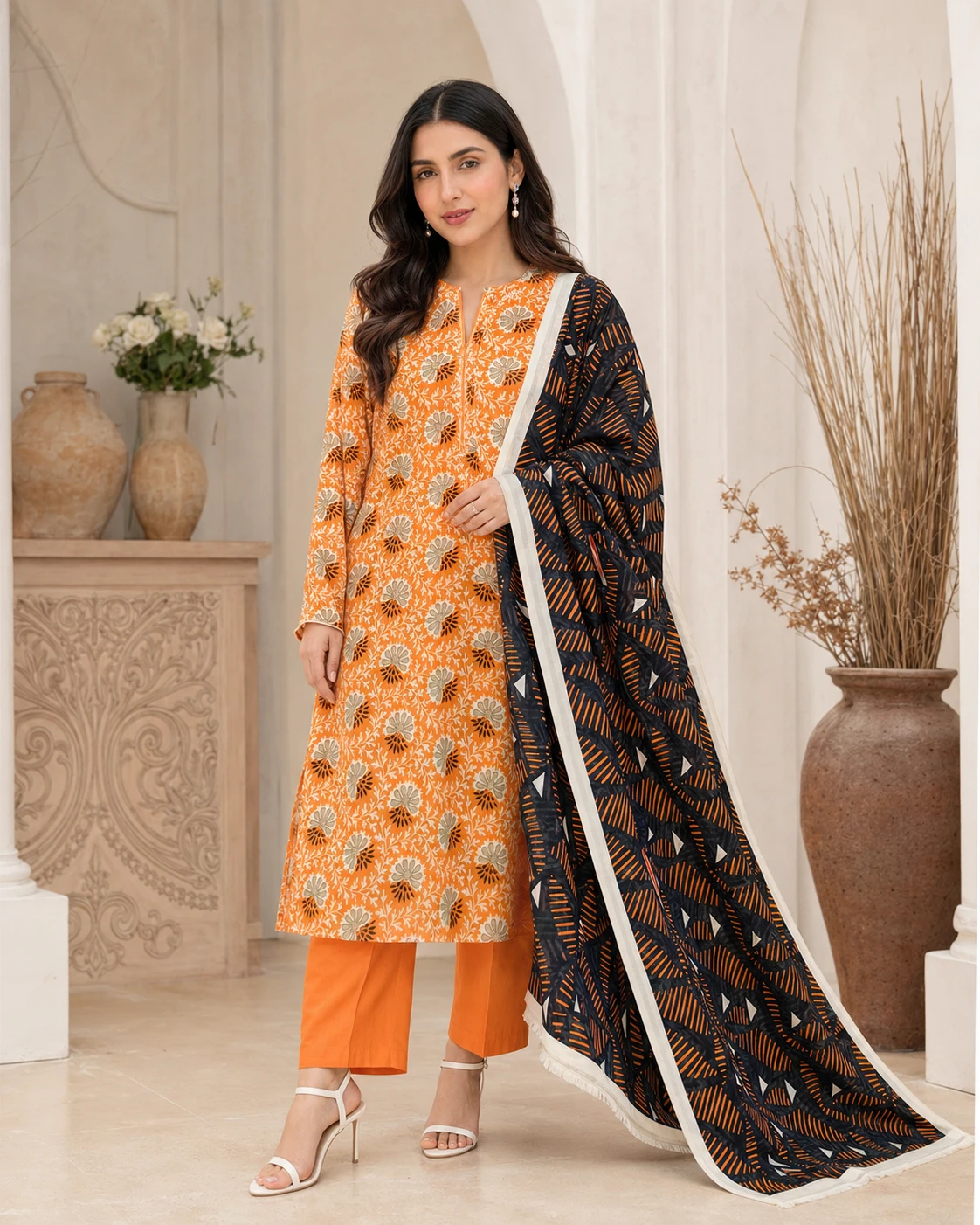 Khulda Orange Printed 3-Piece Suit with Black Geometric Dupatta