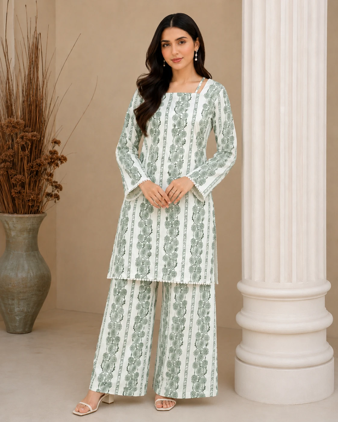 White Printed Cotton Kurta Palazzo Set for Women | Elegant 2 Piece Suit