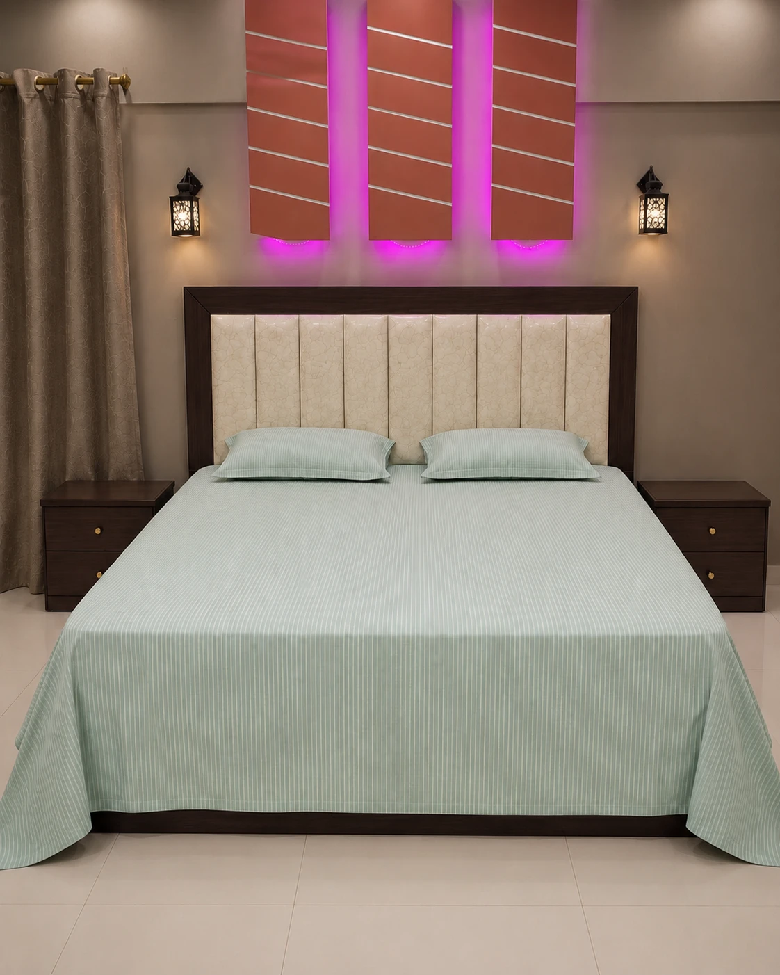 Premium Mint Green Striped Bedsheet Set