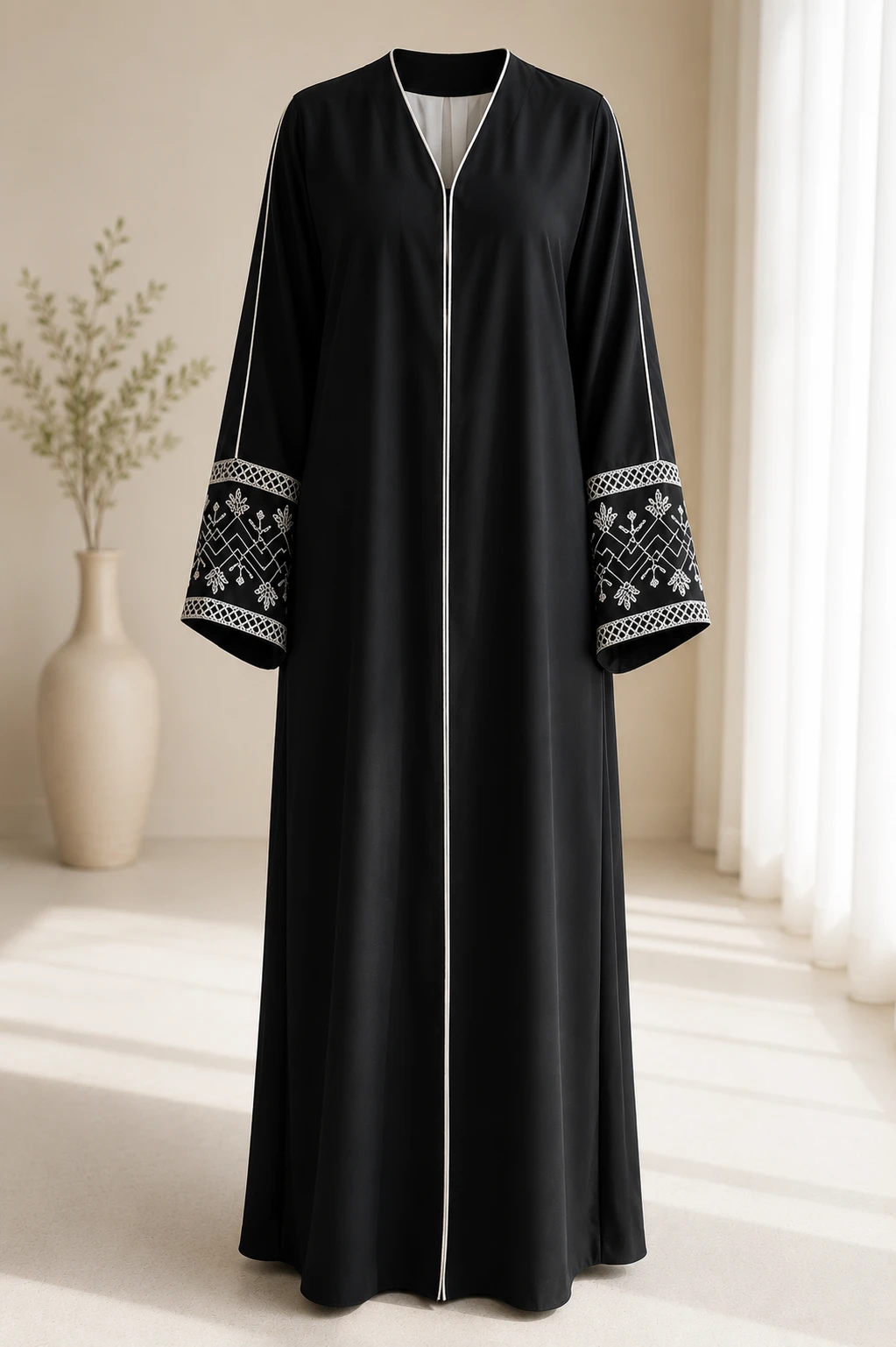 Black Embroidered Open Front Abaya for Women | Elegant Modest Wear