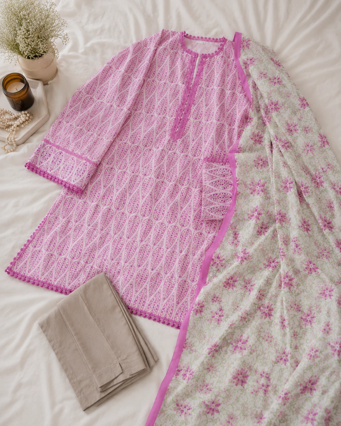 khulda 3 Piece Printed Lawn Suit | Pink Unstitched Dress