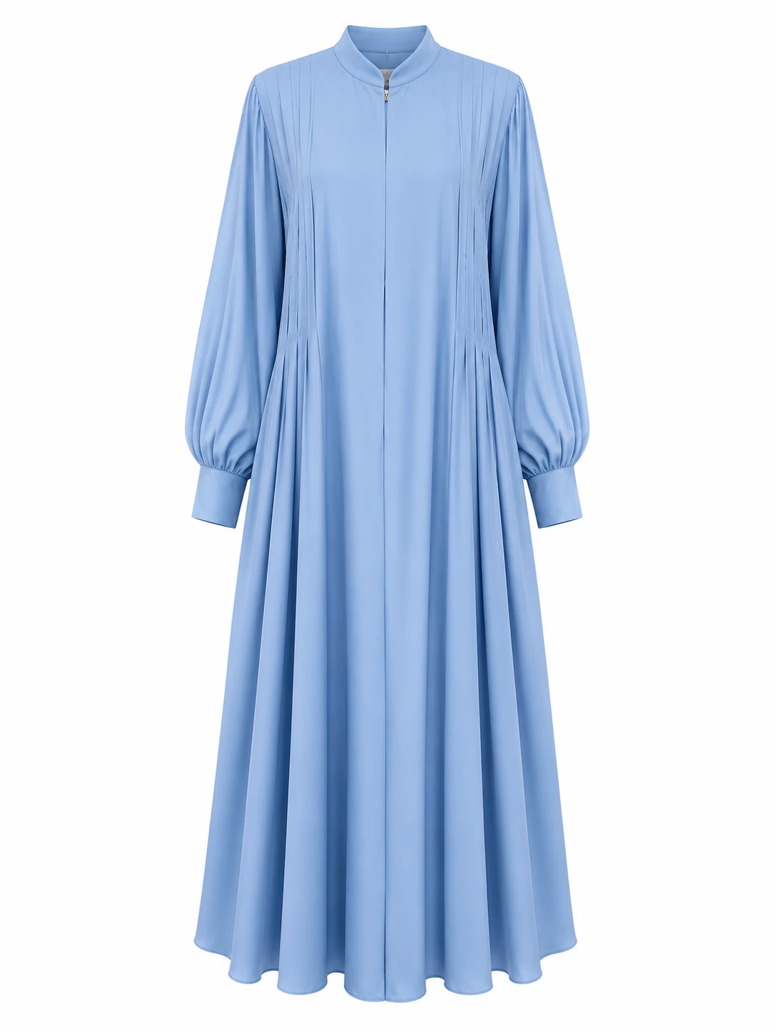 Sky Blue Pleated Front-Zip Abaya for Women