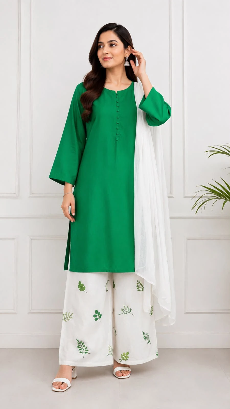 Emerald Green Kurta with Printed Palazzo & Dupatta