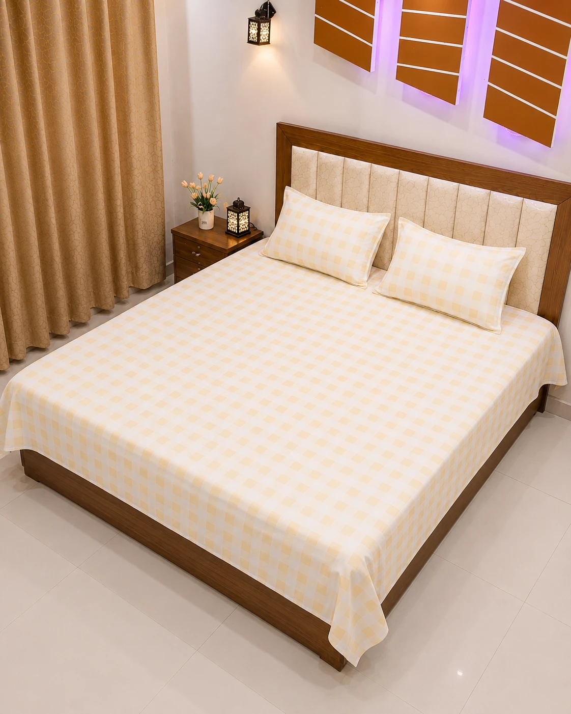 Premium Cream & Light Yellow Checkered Bedsheet Set