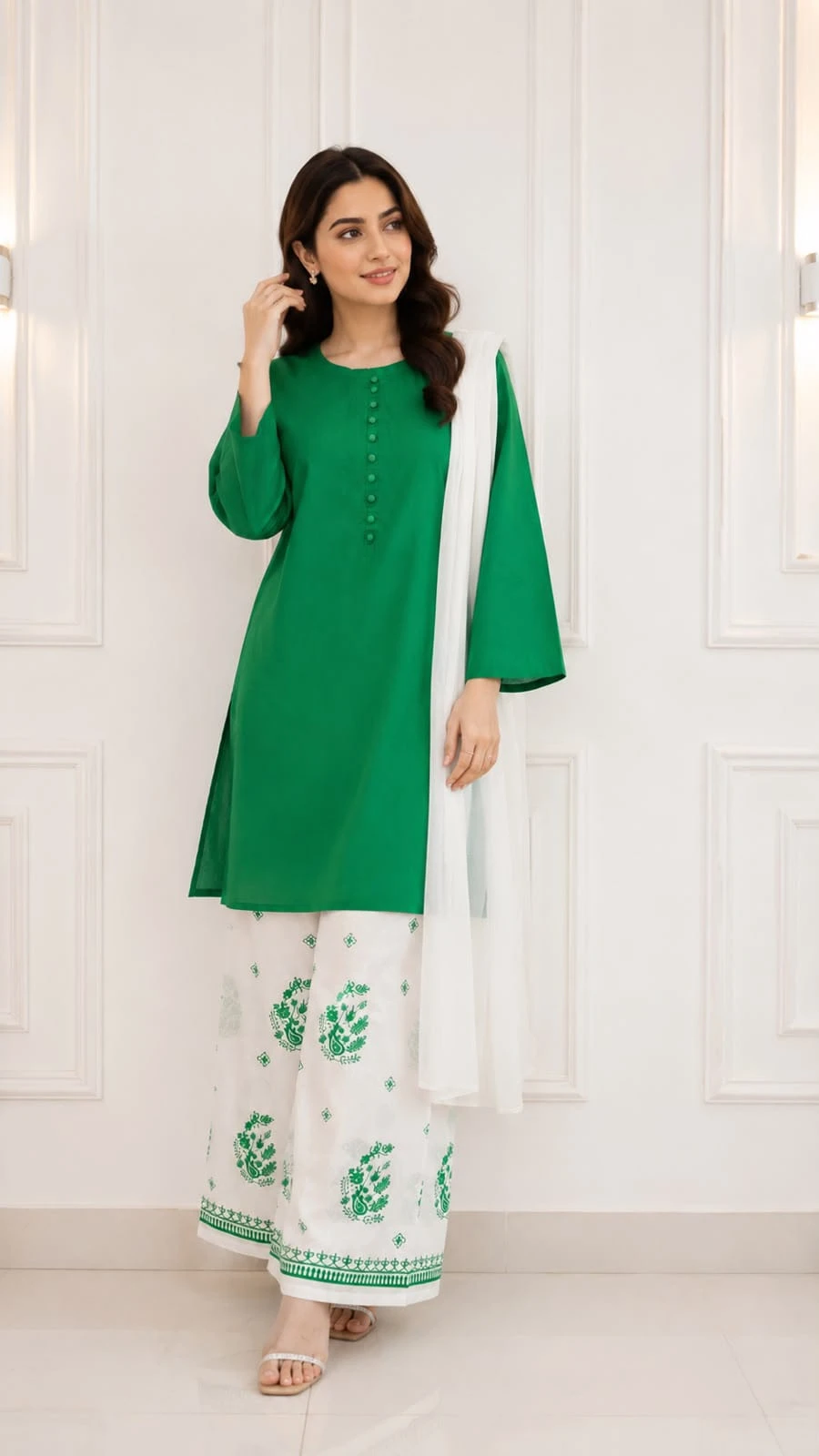 14 August Pakistan Independence Day Green & White Lawn Suit with Printed Trouser & Chiffon Dupatta | Khulda Fashion