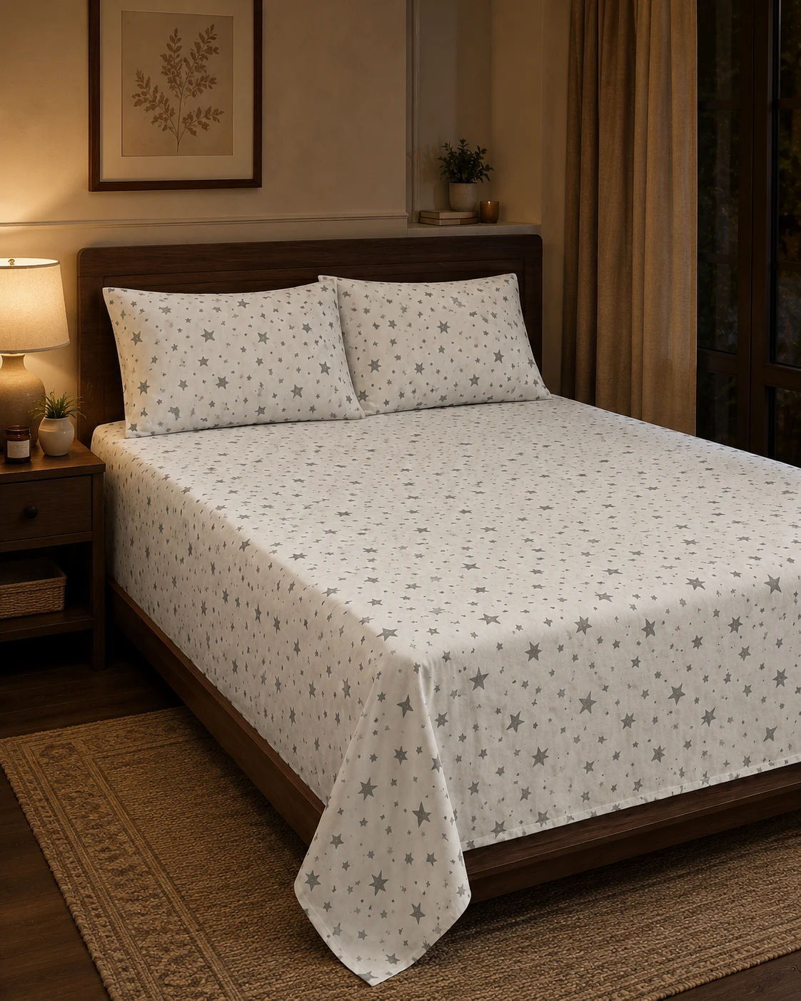 Grey Star Printed Bedsheet Set with Pillow Covers
