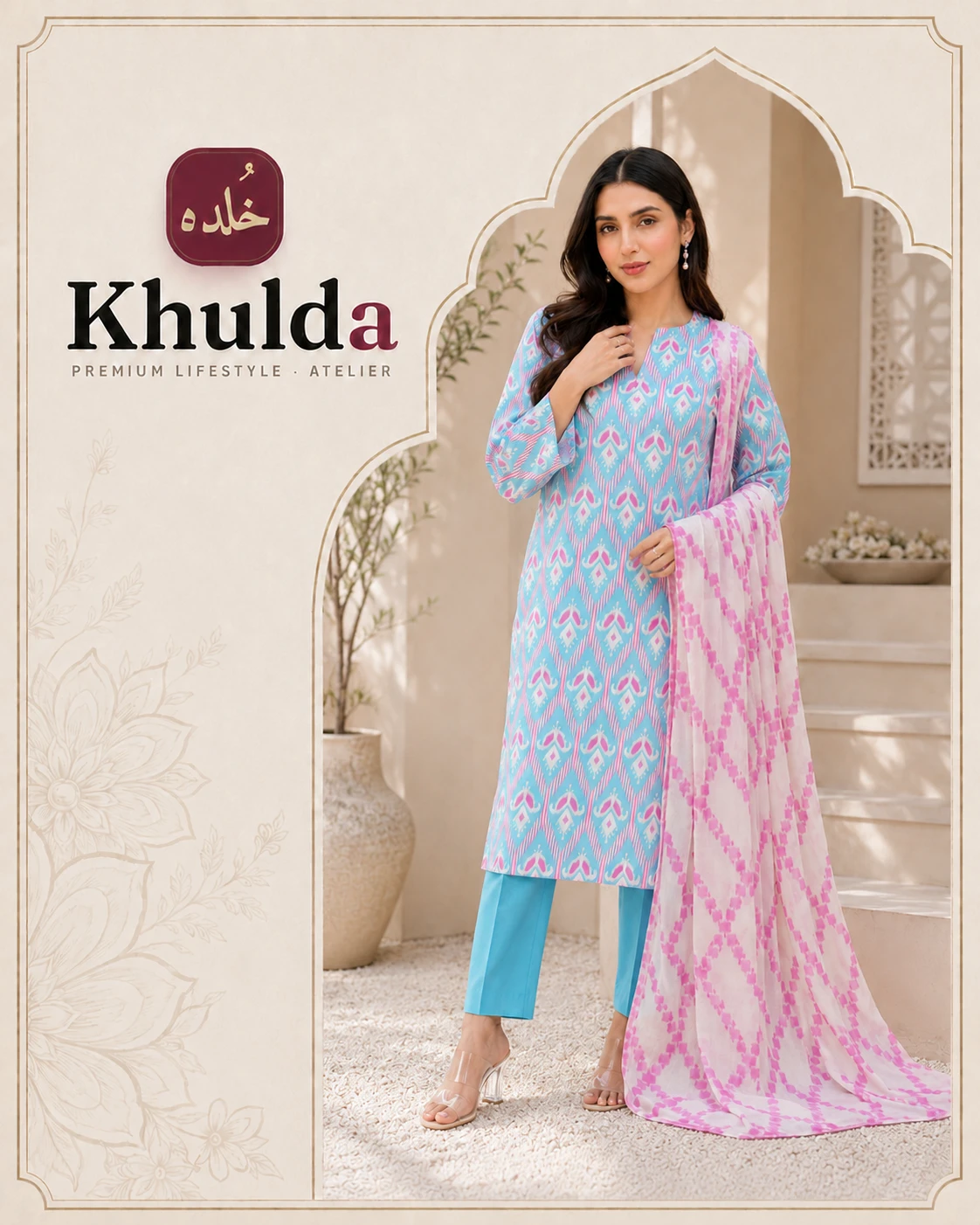Khulda Sky Blue & Pink Printed 3 Piece Suit