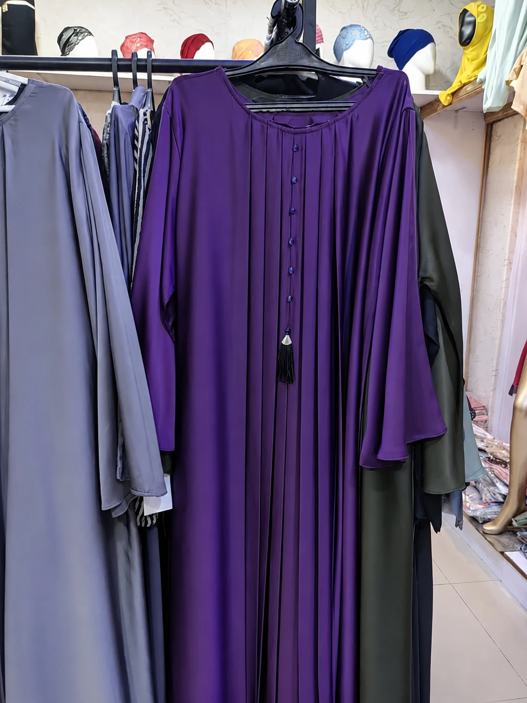 Elegant Purple Pleated Abaya with Tassel Detail