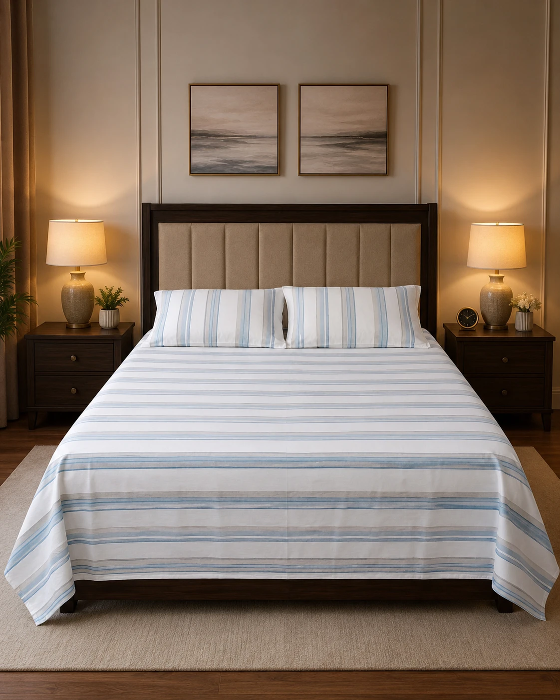 Premium Blue Striped Bedsheet Set with Pillow Covers
