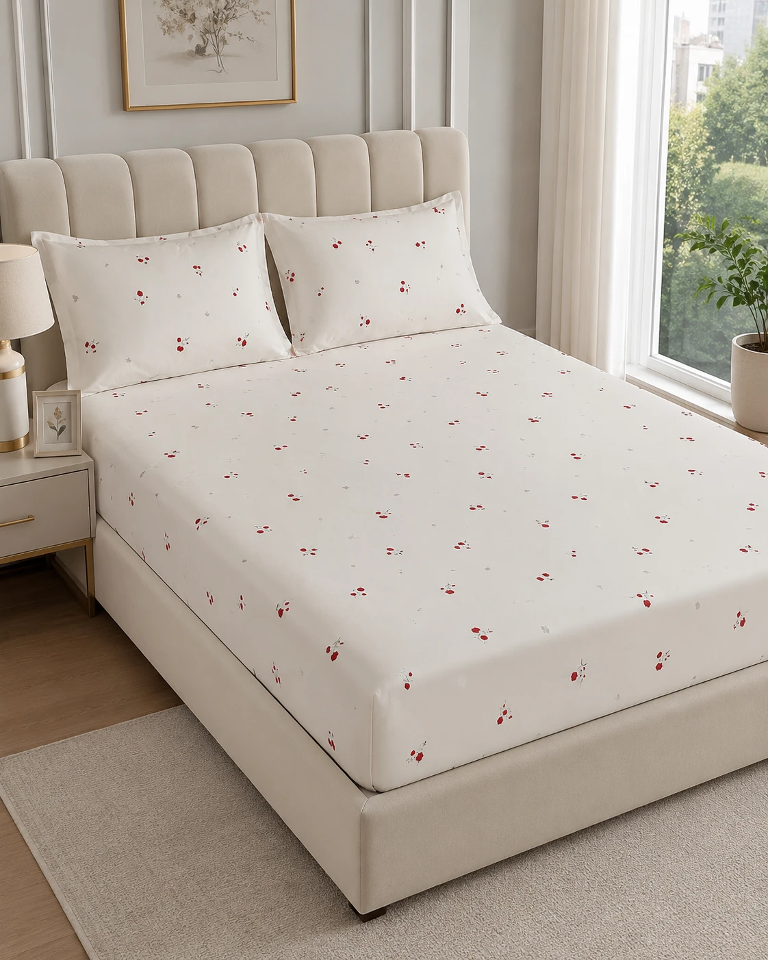 Red Floral Print Bedsheet Set with Pillow Covers