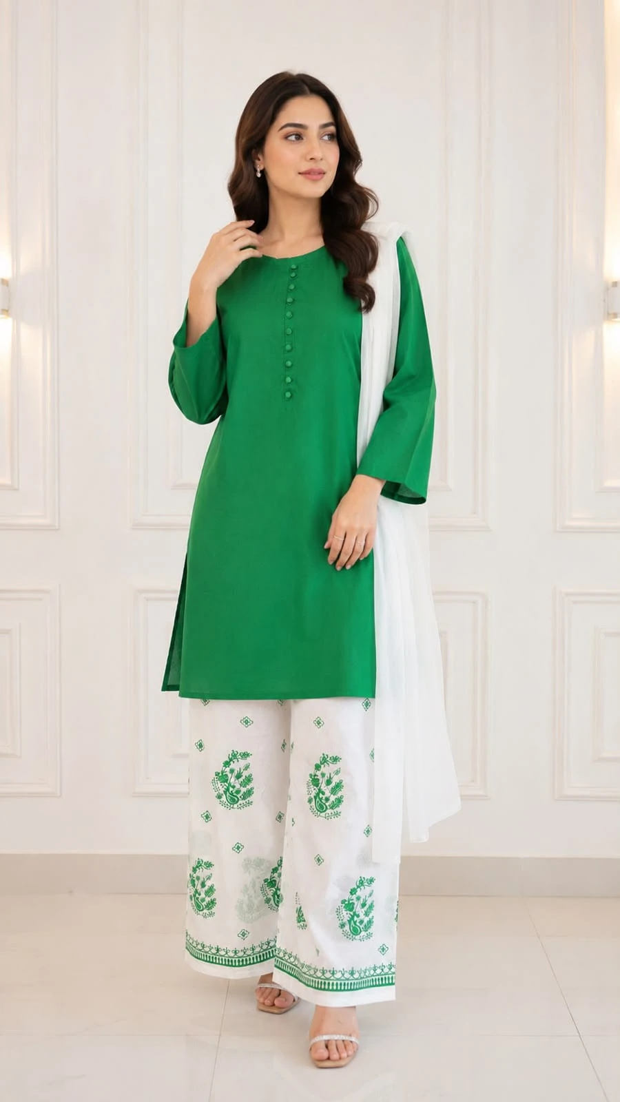 14 August Pakistan Independence Day Green & White Lawn Suit with Printed Trouser & Chiffon Dupatta | Khulda Fashion