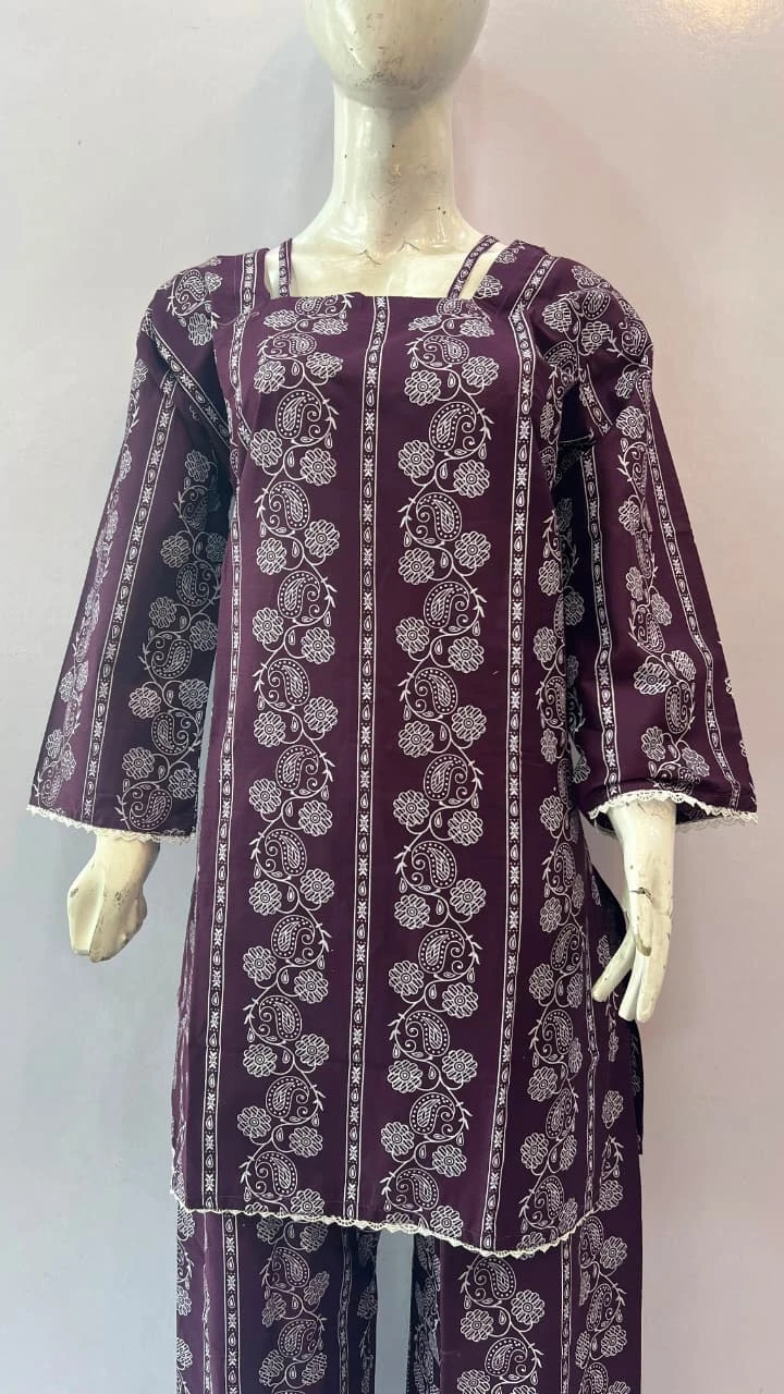 Purple Printed 2 Piece Lawn Suit for Women – Elegant Straight Fit Summer Outfit | Khulda Fashion