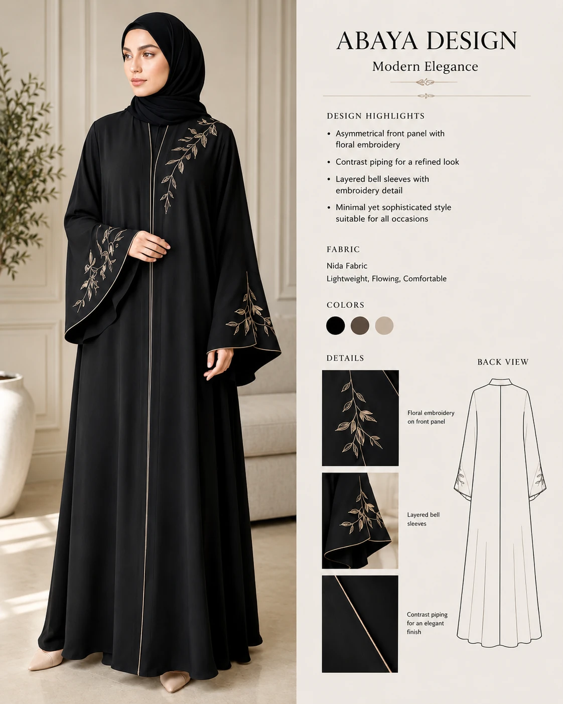 Black Embroidered Open Abaya with Gold Floral Design | Premium Modest Wear