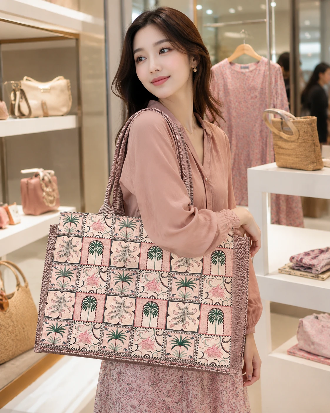 Pink Printed Tote Handbag for Women | Stylish Carry Bag