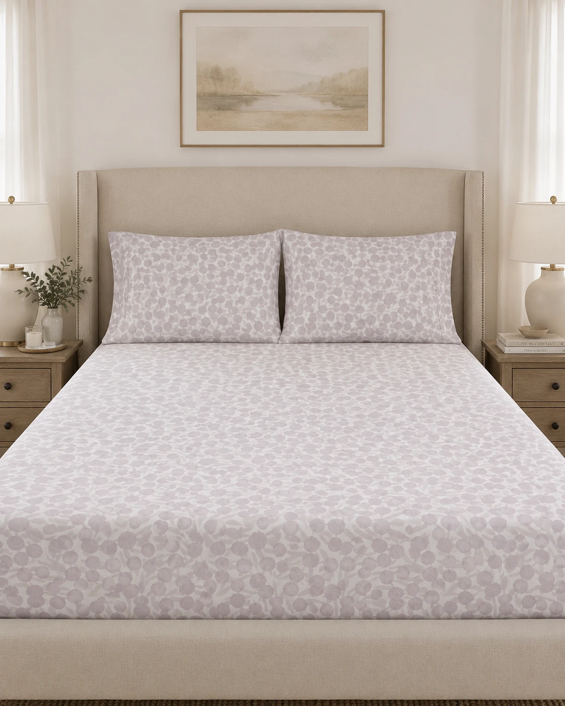 Grey Berry Floral Print Bedsheet Set with Pillow Covers