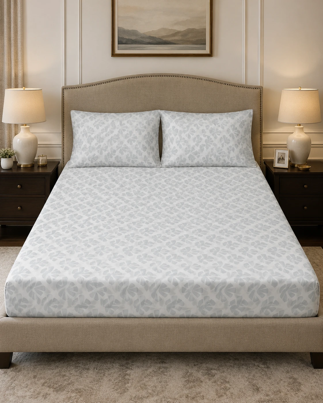 Grey Abstract Leaf Print Bedsheet Set with Pillow Covers