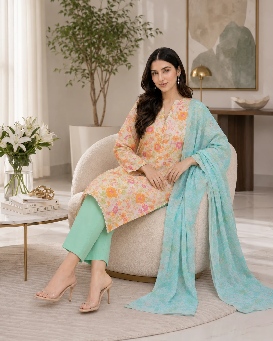Pastel Floral Lawn 3 Piece Unstitched Suit with Aqua Blue Dupatta | Elegant Summer Collection