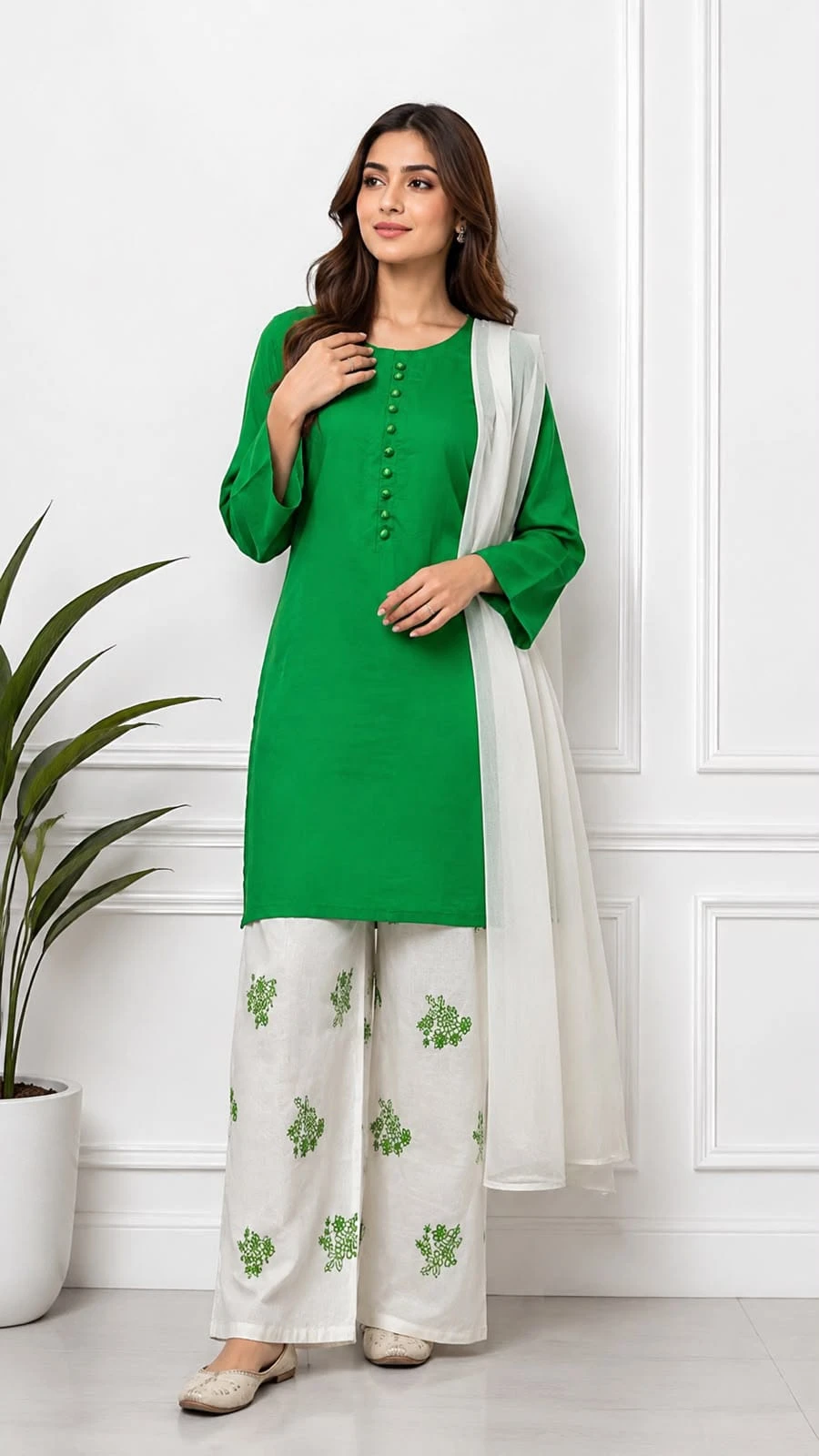 Green 3 Piece Lawn Suit for Women – Embroidered Trouser & White Dupatta | Khulda Fashion