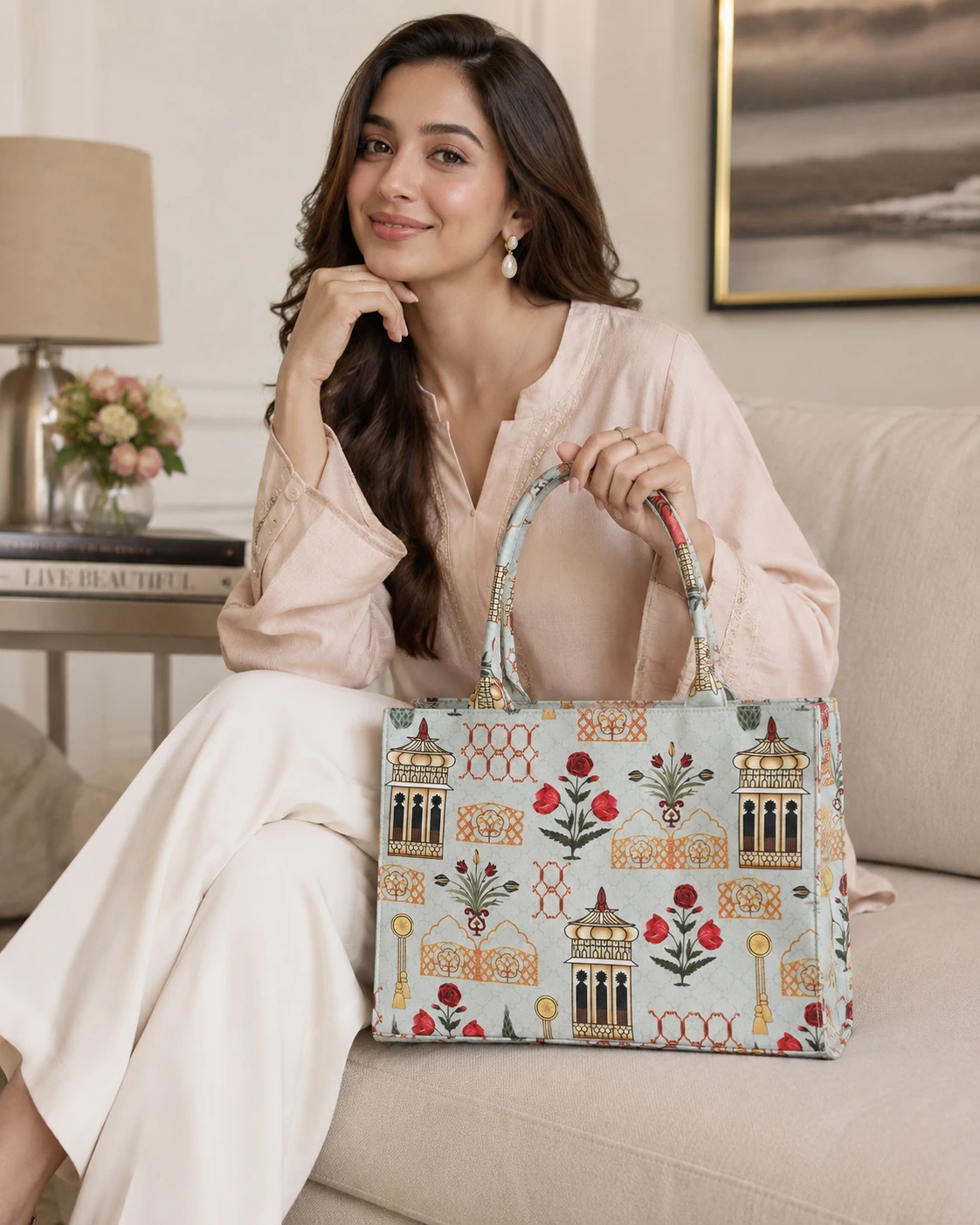 Light Blue Printed Tote Handbag for Women | Elegant Carry Bag
