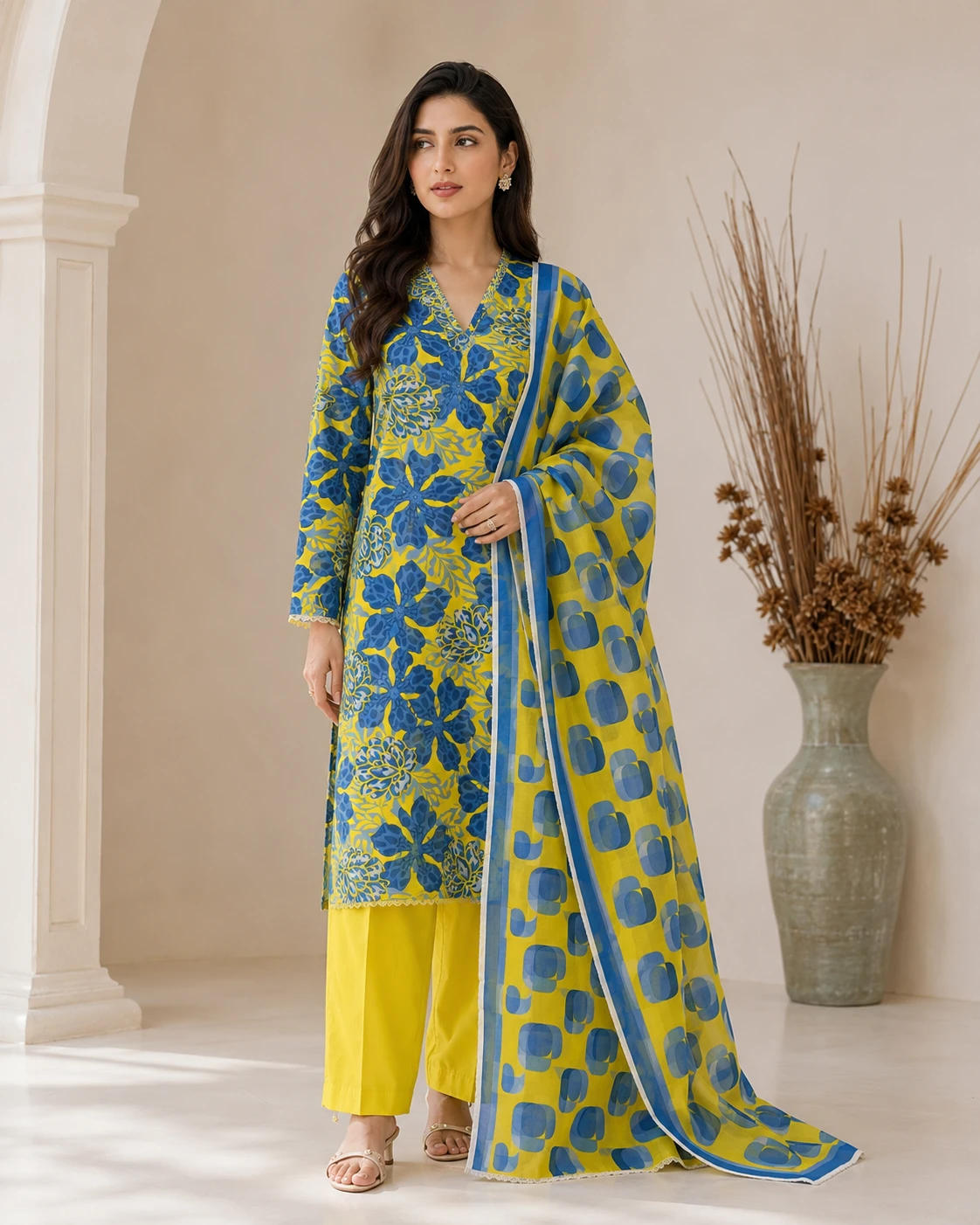 Khulda Yellow Blue Floral 3 Piece Lawn Suit for Women