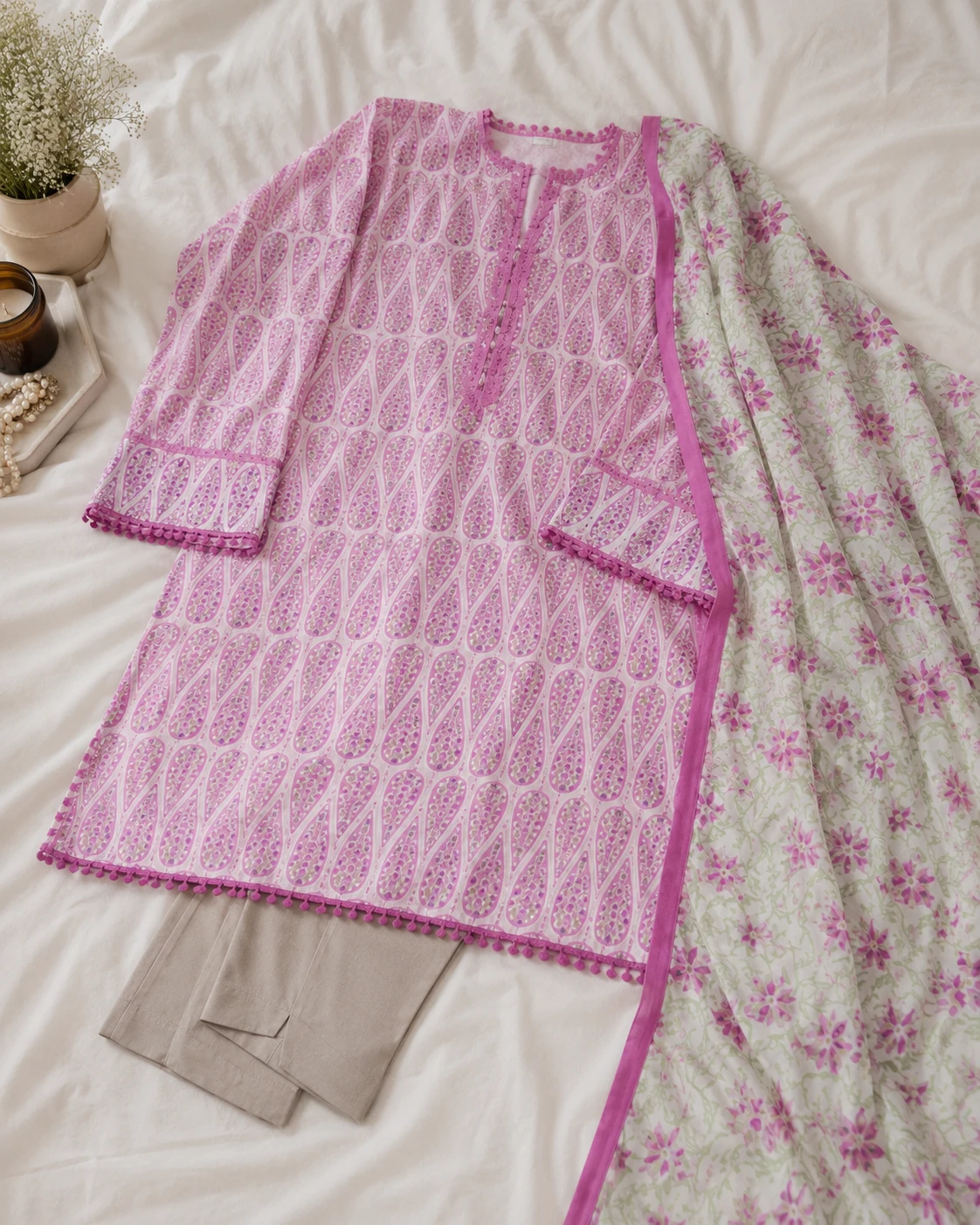 khulda 3 Piece Printed Lawn Suit | Pink Unstitched Dress