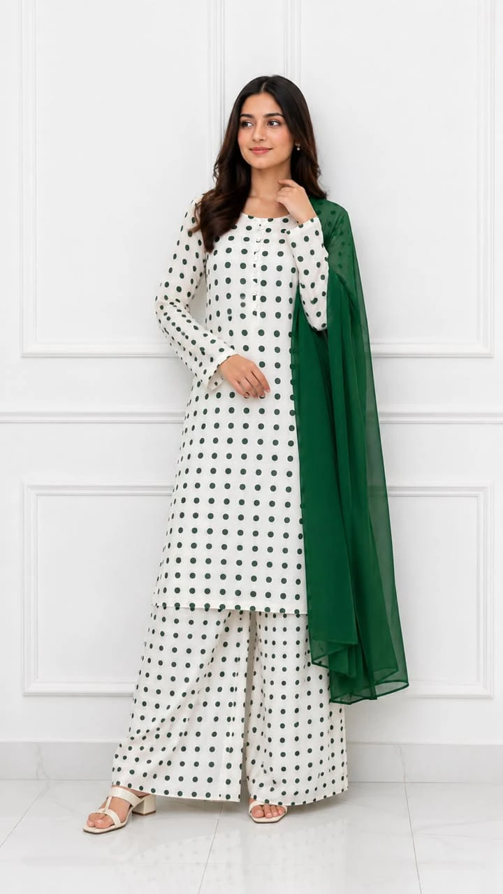Green Polka Dot Kurta Set for 14 August