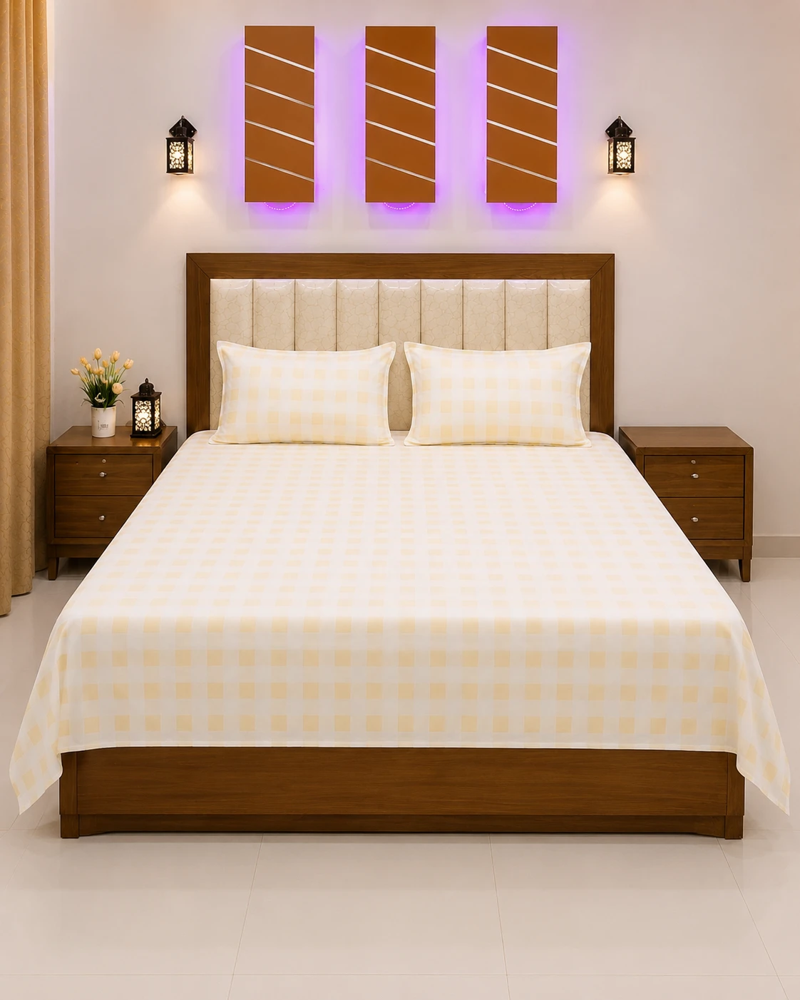 Premium Cream & Light Yellow Checkered Bedsheet Set
